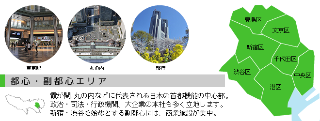 都心・副都心エリア 霞が関、丸の内などに代表される日本の首都機能の中心部。政治・司法・行政機関、大企業の本社も多く立地します。新宿・渋谷を始めとする副都心には、商業施設が集中。